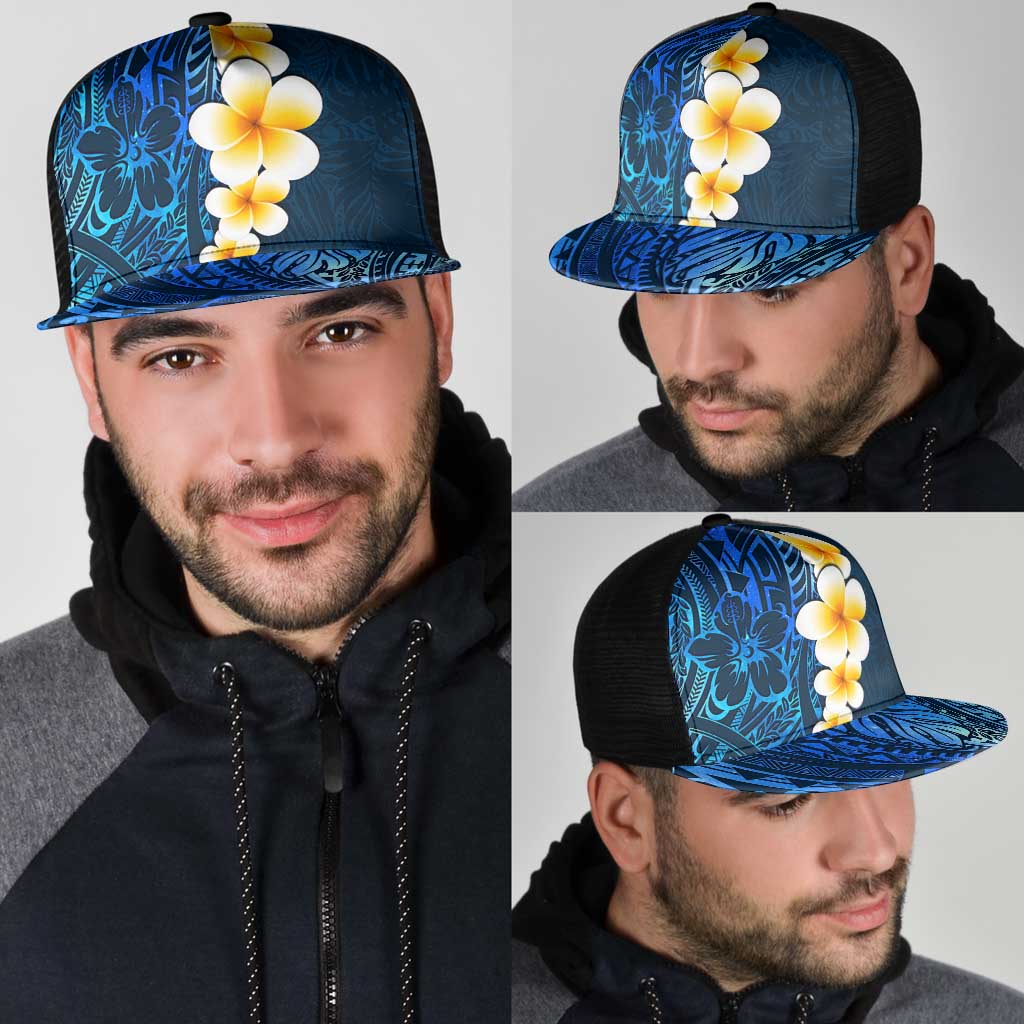 Blue Polynesia Mesh Trucker Cap Plumeria Tropical Leaves With Galaxy Polynesian Art - Polynesian Pride