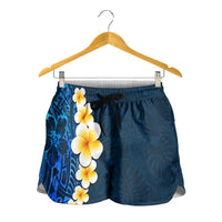 Blue Polynesia Shorts for Women Plumeria Tropical Leaves With Galaxy Polynesian Art - Polynesian Pride