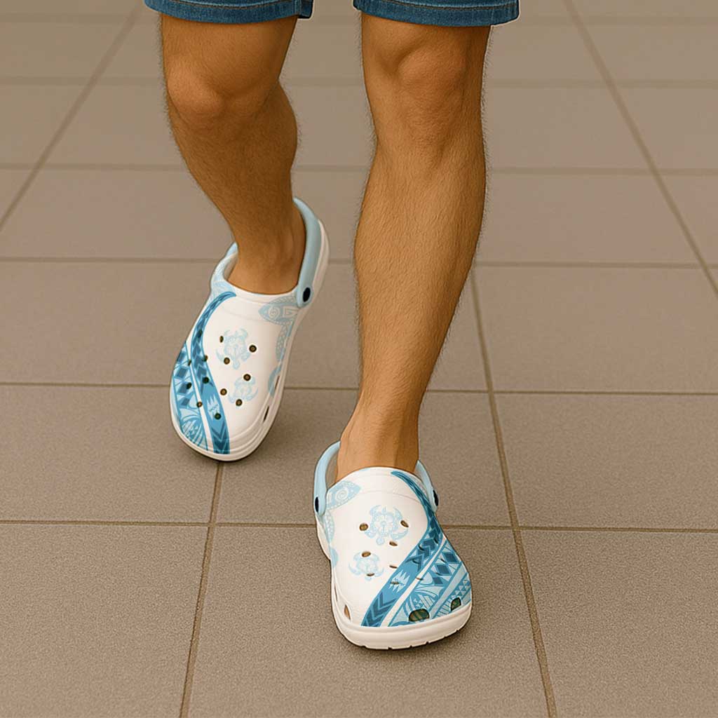 Blue Polynesian Tribal Turtle Floral Pattern Clogs Shoes - Polynesian Pride