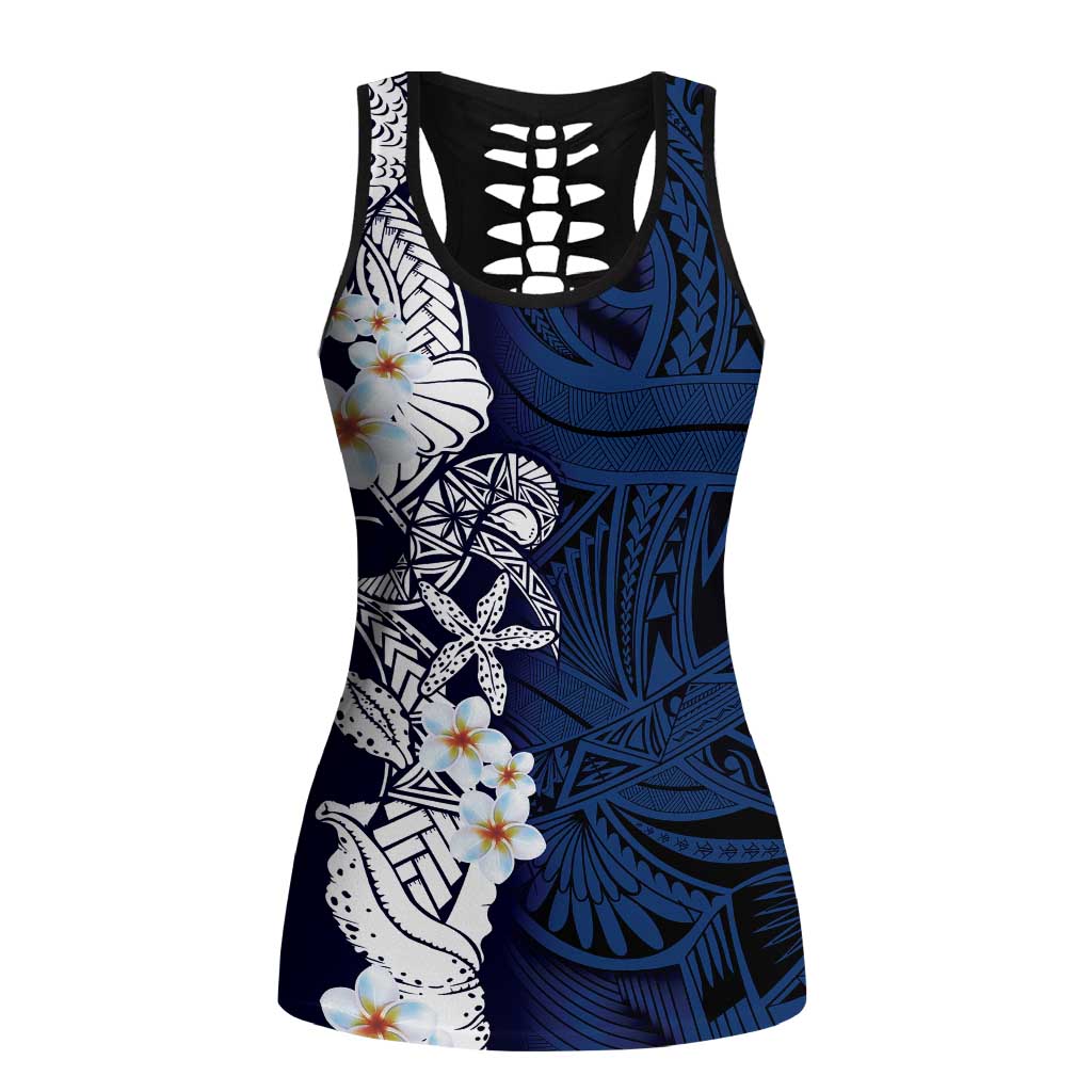 Blue Samoa Tattoo Hollow Tank Top Plumeria Samoan Ocean Tatau Pattern LT14 Female Blue - Polynesian Pride