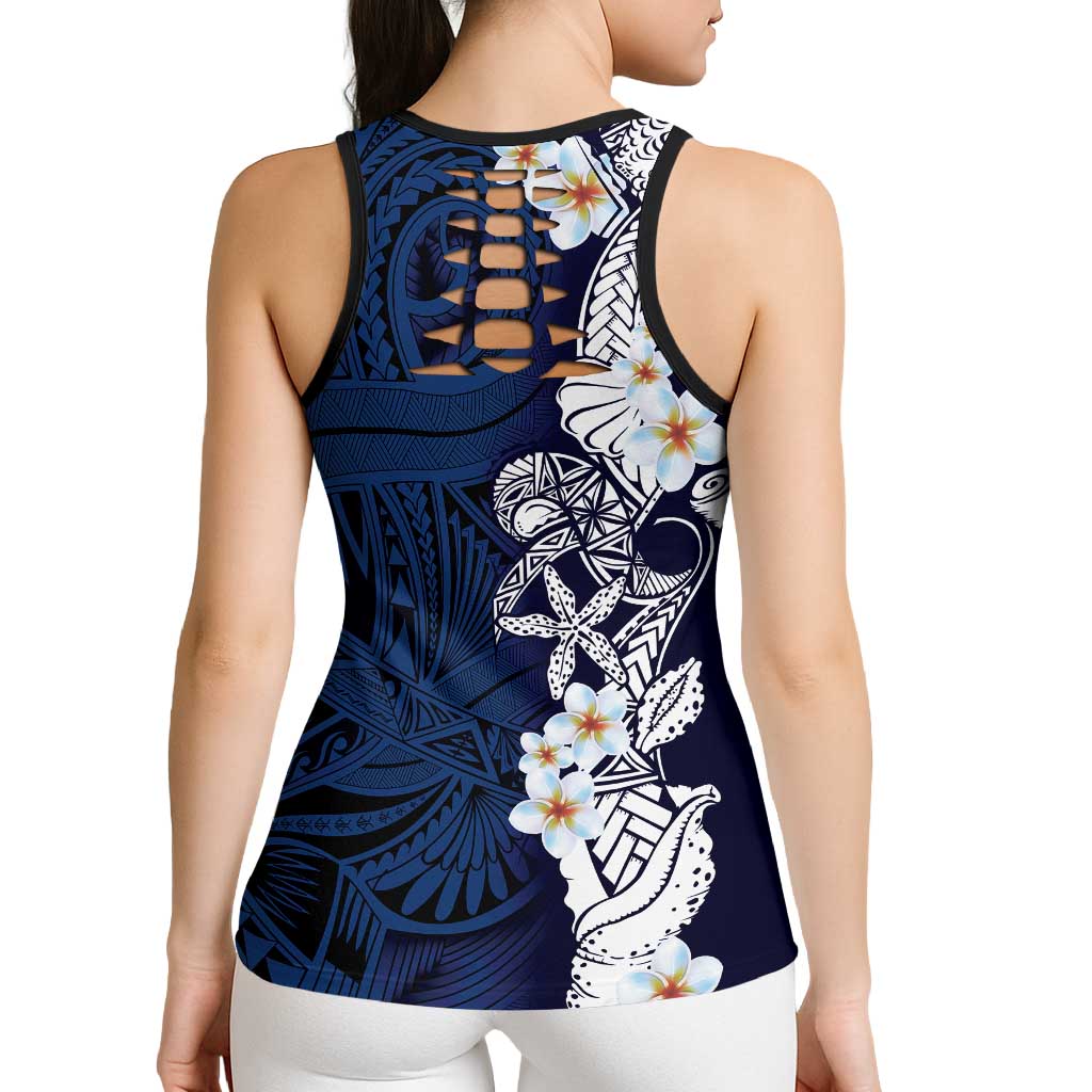 Blue Samoa Tattoo Hollow Tank Top Plumeria Samoan Ocean Tatau Pattern - Polynesian Pride