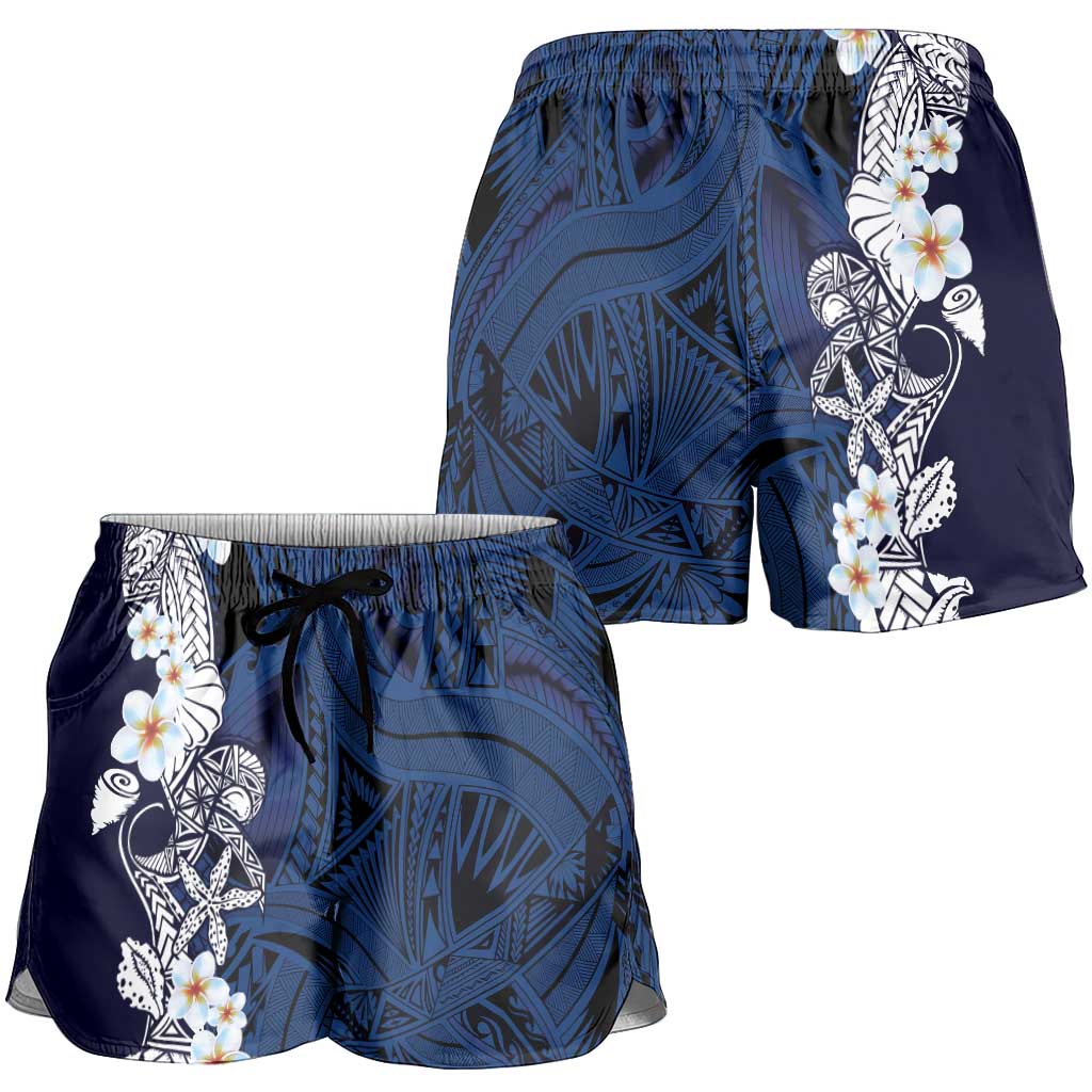 Blue Samoa Tattoo Shorts for Women Plumeria Samoan Ocean Tatau Pattern - Polynesian Pride