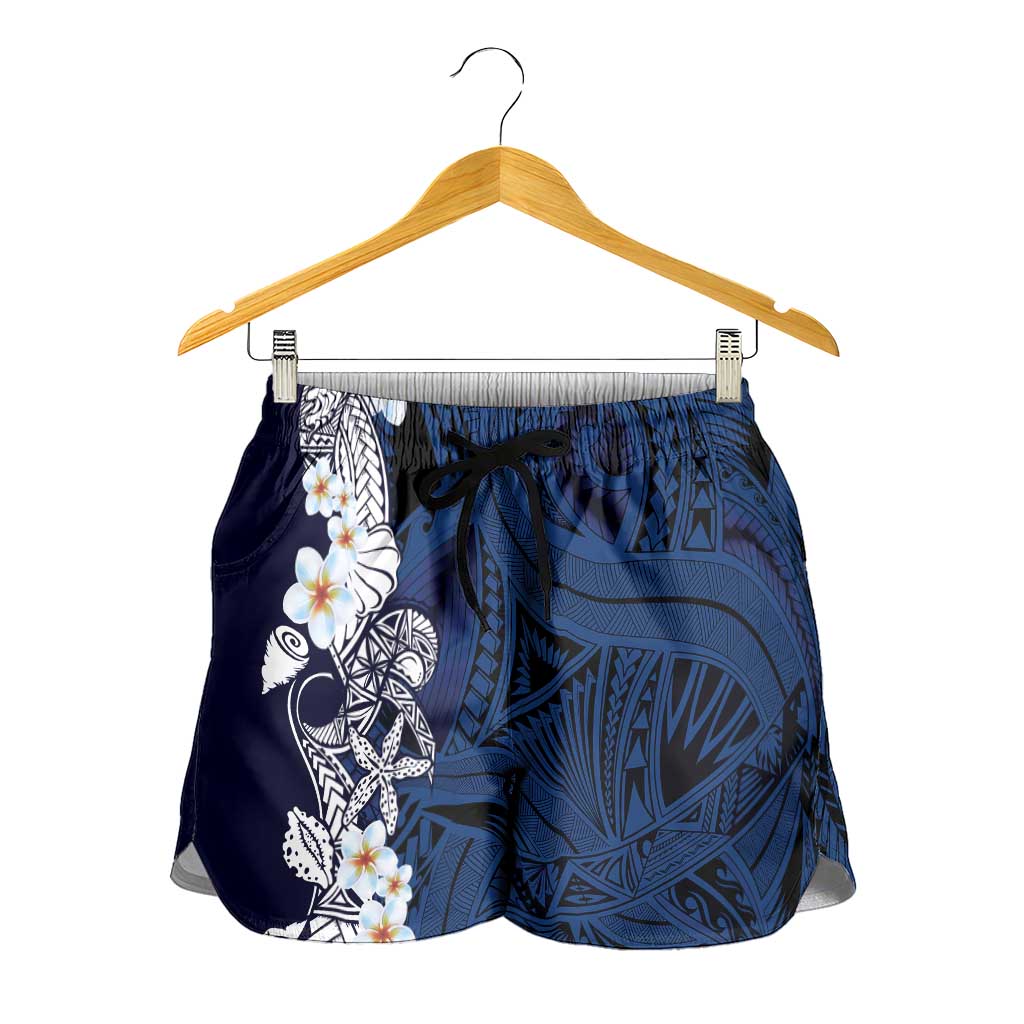 Blue Samoa Tattoo Shorts for Women Plumeria Samoan Ocean Tatau Pattern - Polynesian Pride