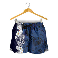 Blue Samoa Tattoo Shorts for Women Plumeria Samoan Ocean Tatau Pattern - Polynesian Pride