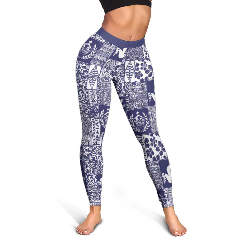 Blue Tonga Kilisimasi Fiefia Leggings Pacific Patchwork Xmas Vibes - Polynesian Pride