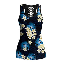 Blue Tropical Hawaii Hollow Tank Top Seamless Monstera Plumeria Hawaiian Pattern - Polynesian Pride