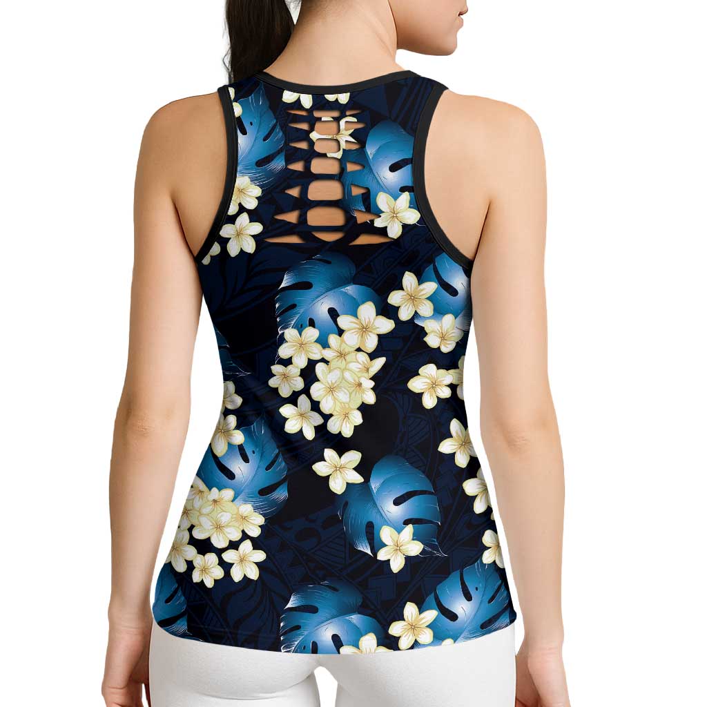Blue Tropical Hawaii Hollow Tank Top Seamless Monstera Plumeria Hawaiian Pattern - Polynesian Pride