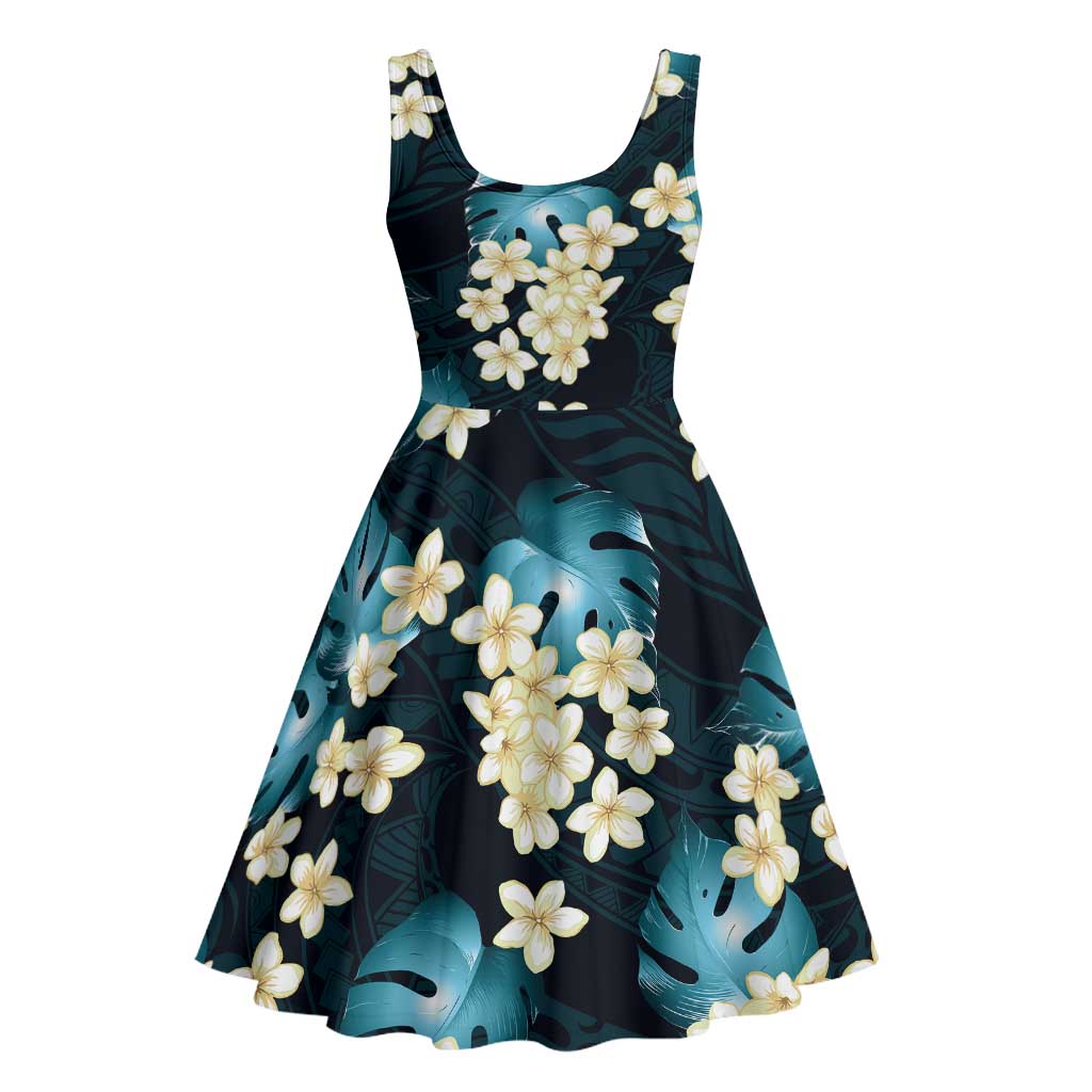 Blue Tropical Hawaii Midi Dress Seamless Monstera Plumeria Hawaiian Pattern - Polynesian Pride