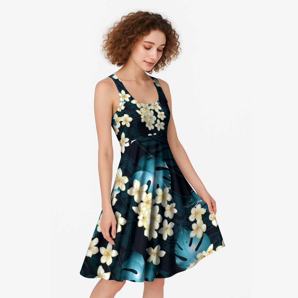Blue Tropical Hawaii Midi Dress Seamless Monstera Plumeria Hawaiian Pattern LT14