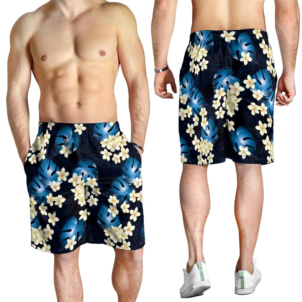 Blue Tropical Hawaii Shorts for Men Seamless Monstera Plumeria Hawaiian Pattern - Polynesian Pride