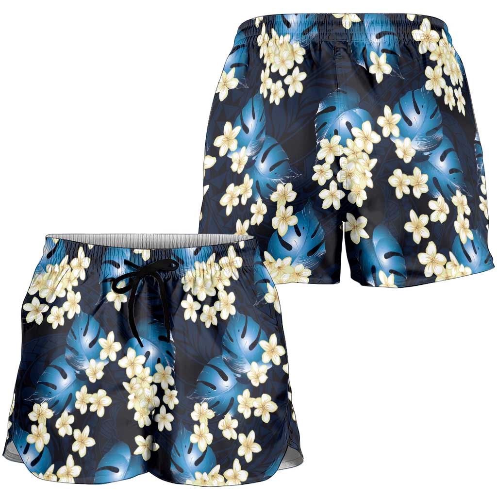 Blue Tropical Hawaii Shorts for Women Seamless Monstera Plumeria Hawaiian Pattern - Polynesian Pride
