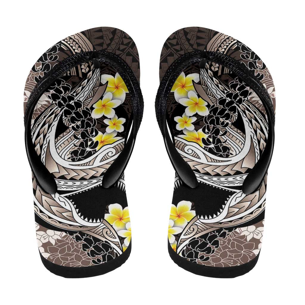 Brown and Black Hawaii Shark Tattoo Flip Flops Puakenikeni Lei Plumeria Polynesian Pattern - Polynesian Pride