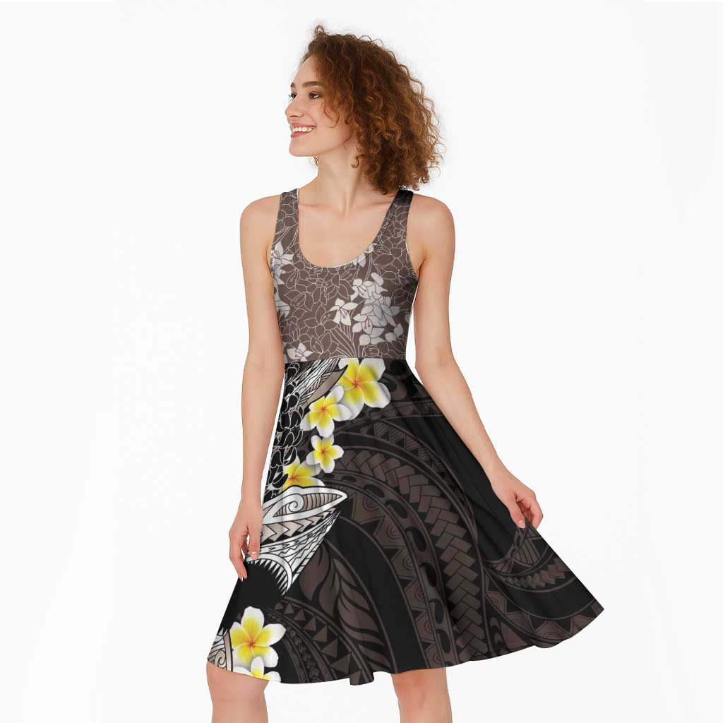 Brown and Black Hawaii Shark Tattoo Midi Dress Puakenikeni Lei Plumeria Polynesian Pattern - Polynesian Pride