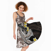 Brown and Black Hawaii Shark Tattoo Midi Dress Puakenikeni Lei Plumeria Polynesian Pattern - Polynesian Pride