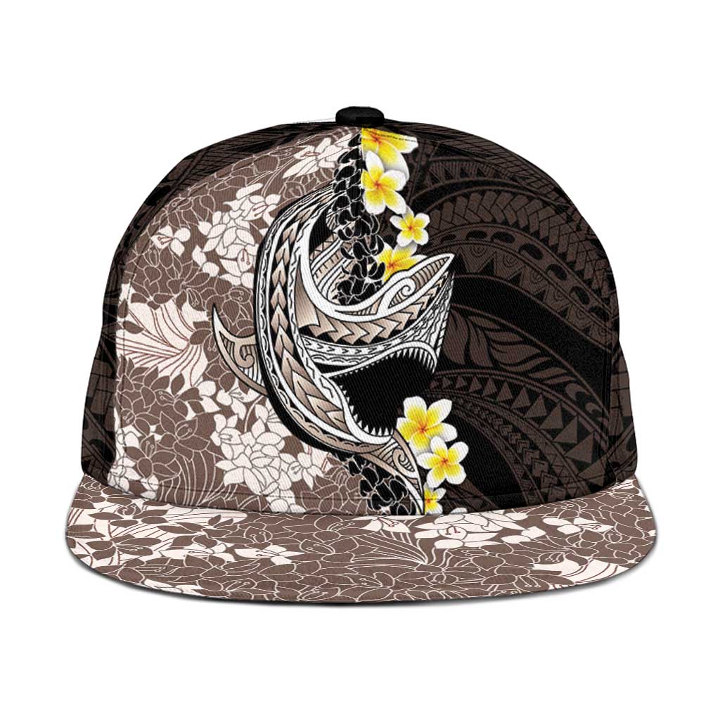 Brown and Black Hawaii Shark Tattoo Snapback Cap Puakenikeni Lei Plumeria Polynesian Pattern - Polynesian Pride