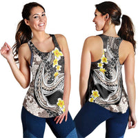 Brown and Black Hawaii Shark Tattoo Women Racerback Tank Puakenikeni Lei Plumeria Polynesian Pattern - Polynesian Pride