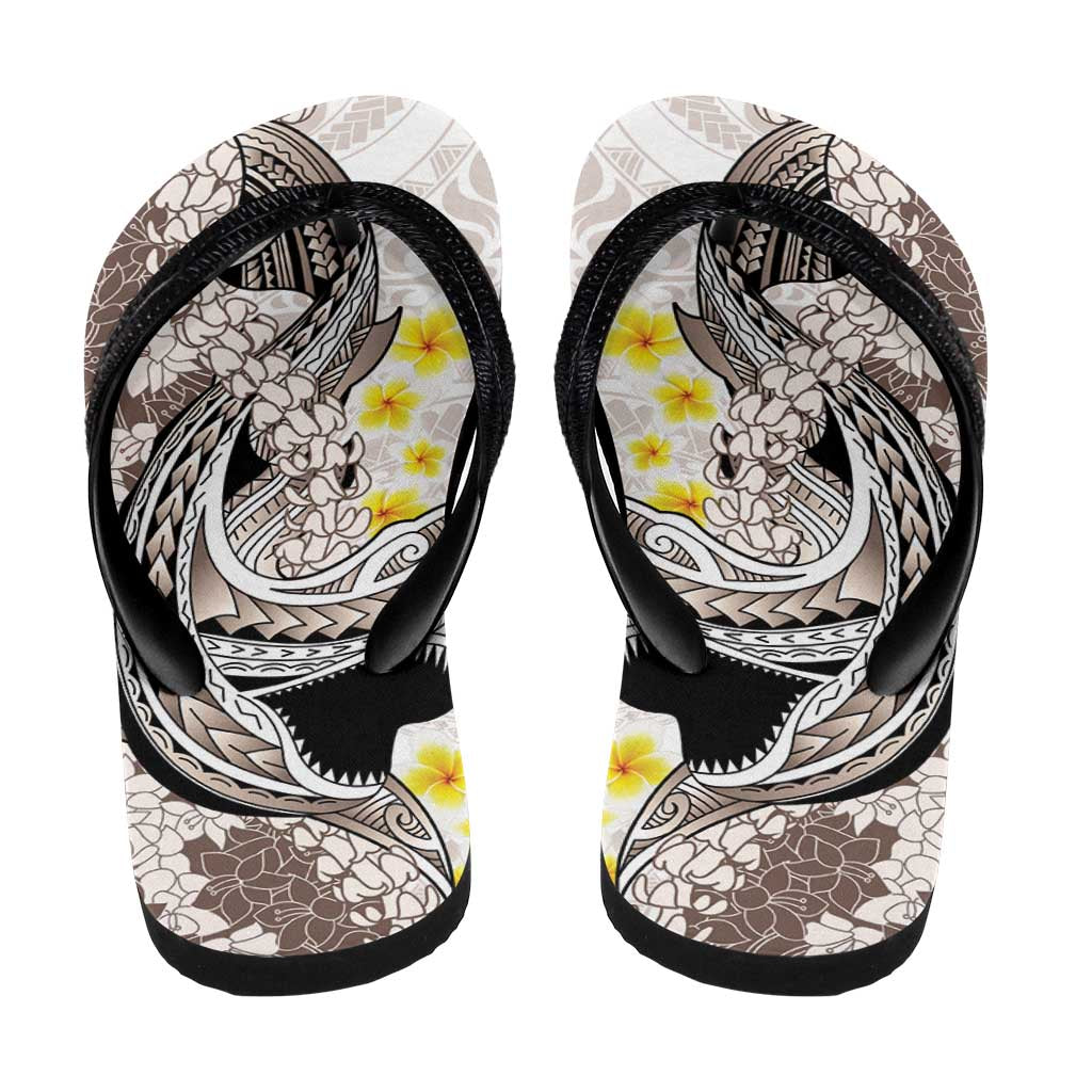 Brown and White Hawaii Shark Tattoo Flip Flops Puakenikeni Lei Plumeria Polynesian Pattern - Polynesian Pride