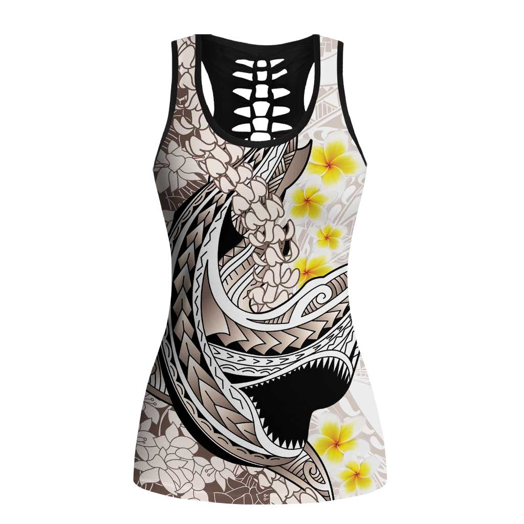 Brown and White Hawaii Shark Tattoo Hollow Tank Top Puakenikeni Lei Plumeria Polynesian Pattern LT14 Female White - Polynesian Pride