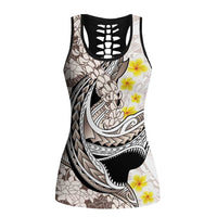 Brown and White Hawaii Shark Tattoo Hollow Tank Top Puakenikeni Lei Plumeria Polynesian Pattern LT14 Female White - Polynesian Pride