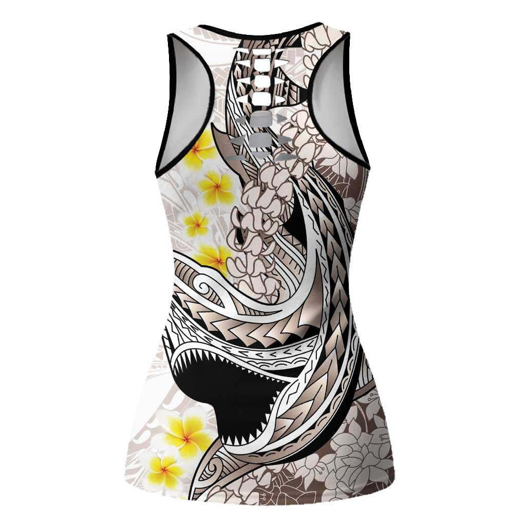Brown and White Hawaii Shark Tattoo Hollow Tank Top Puakenikeni Lei Plumeria Polynesian Pattern LT14 - Polynesian Pride