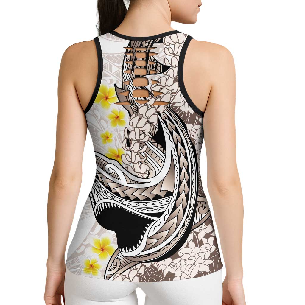 Brown and White Hawaii Shark Tattoo Hollow Tank Top Puakenikeni Lei Plumeria Polynesian Pattern LT14 - Polynesian Pride
