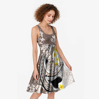 Brown and White Hawaii Shark Tattoo Midi Dress Puakenikeni Lei Plumeria Polynesian Pattern - Polynesian Pride