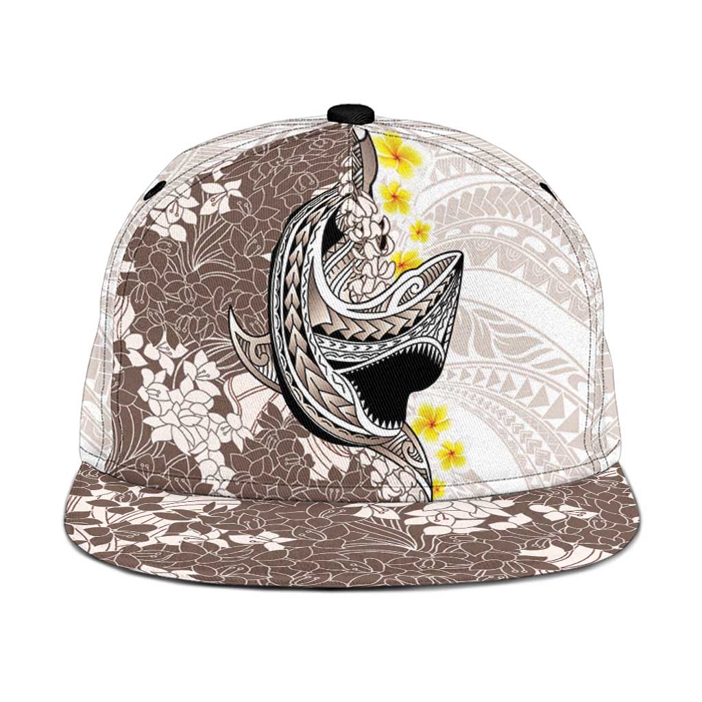 Brown and White Hawaii Shark Tattoo Snapback Cap Puakenikeni Lei Plumeria Polynesian Pattern - Polynesian Pride