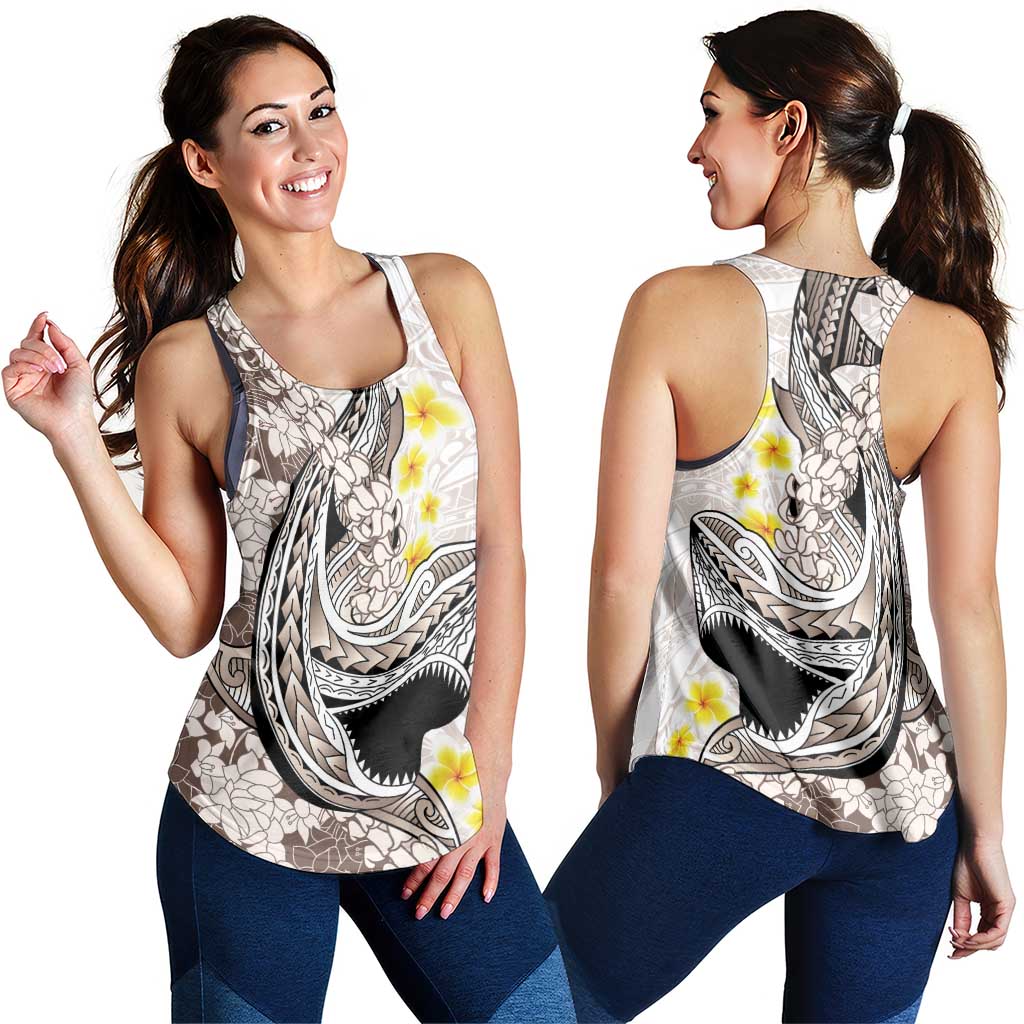 Brown and White Hawaii Shark Tattoo Women Racerback Tank Puakenikeni Lei Plumeria Polynesian Pattern - Polynesian Pride