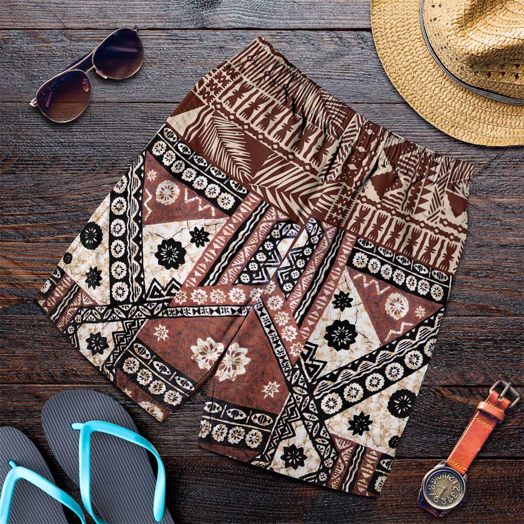 Brown Bula Fiji Shorts for Men Unique Masi Tapa Pattern - Polynesian Pride