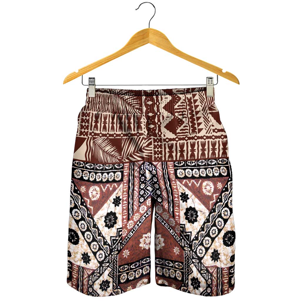 Brown Bula Fiji Shorts for Men Unique Masi Tapa Pattern - Polynesian Pride