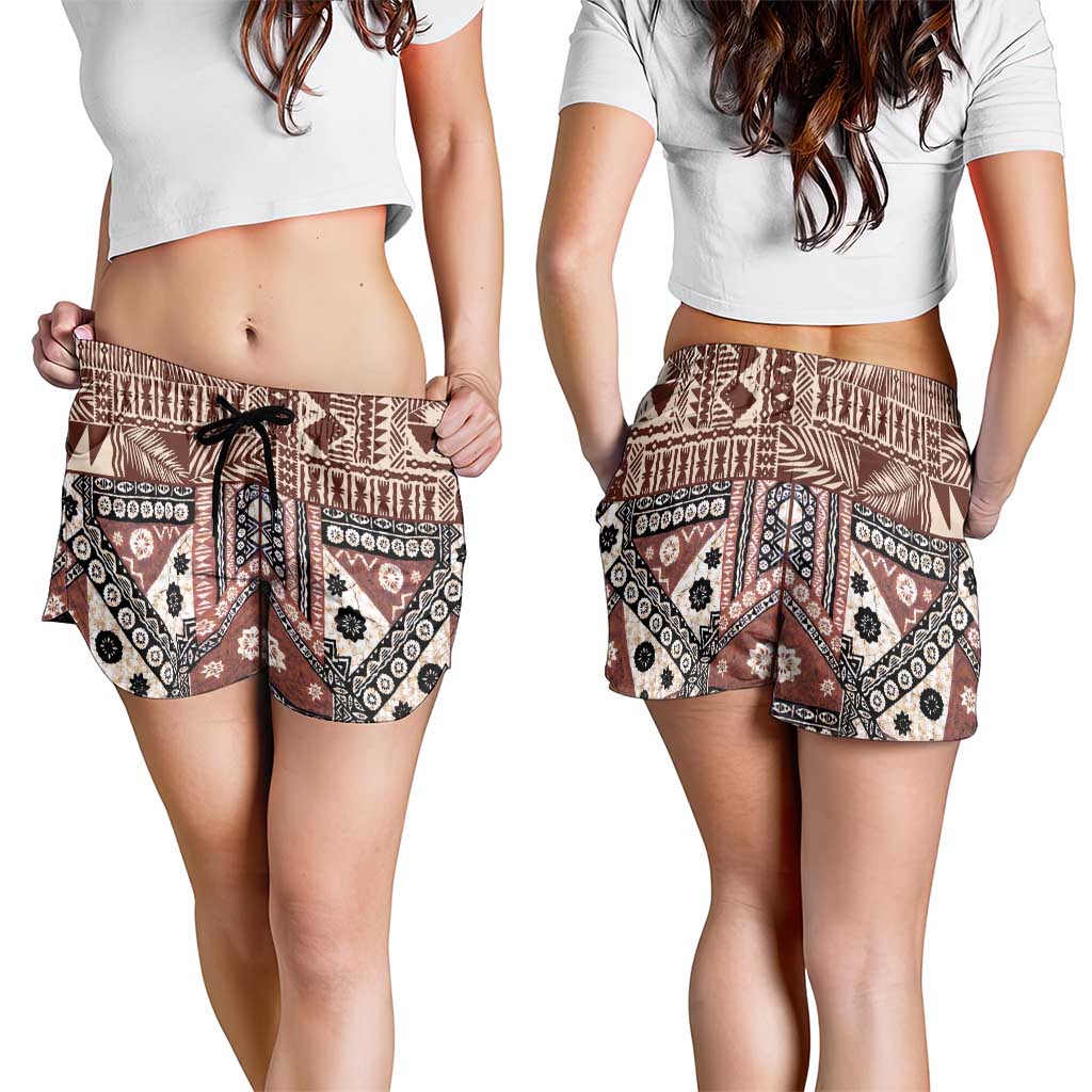 Brown Bula Fiji Shorts for Women Unique Masi Tapa Pattern - Polynesian Pride