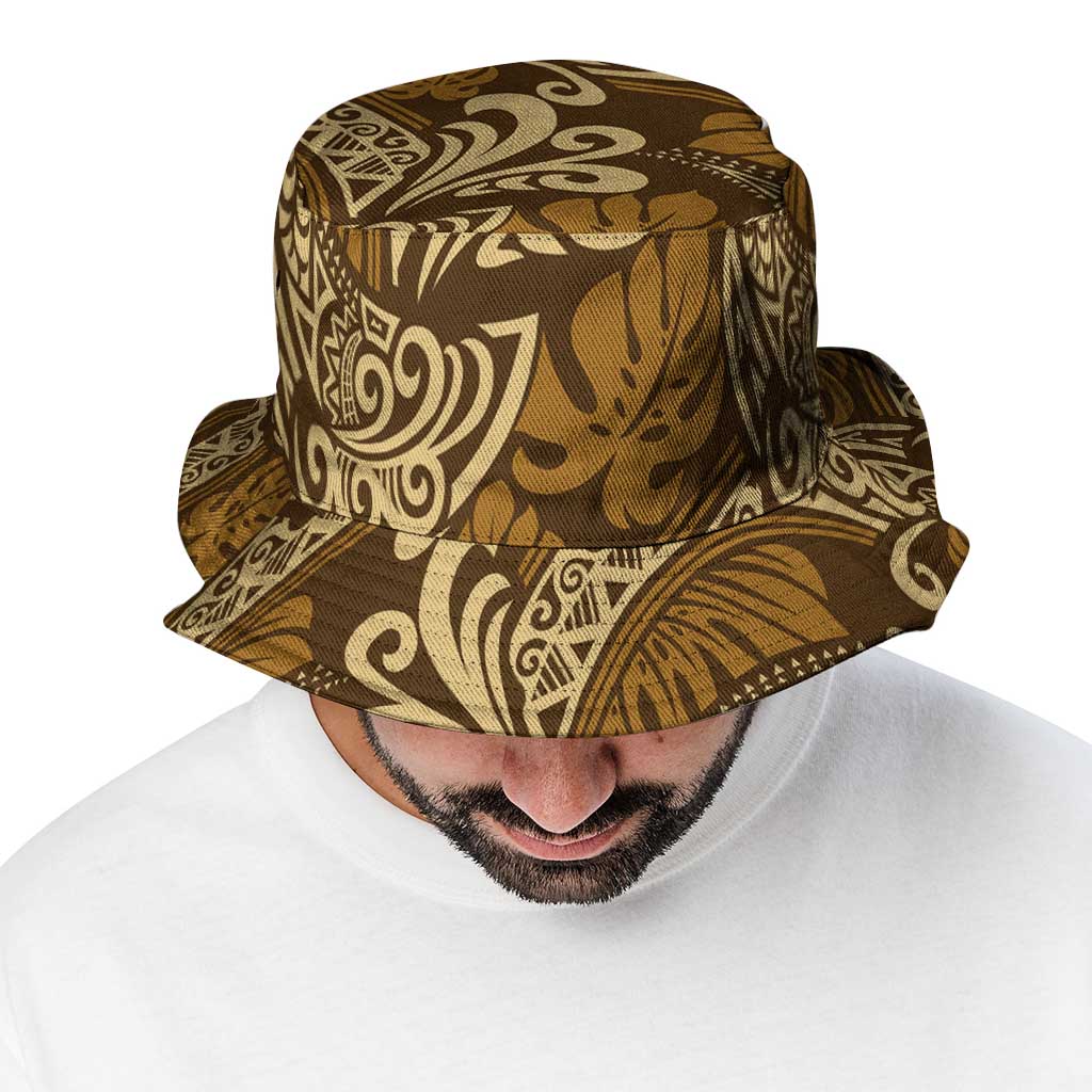 Brown Gold Monstera Bucket Hat Polynesian Tribal Pattern - Polynesian Pride