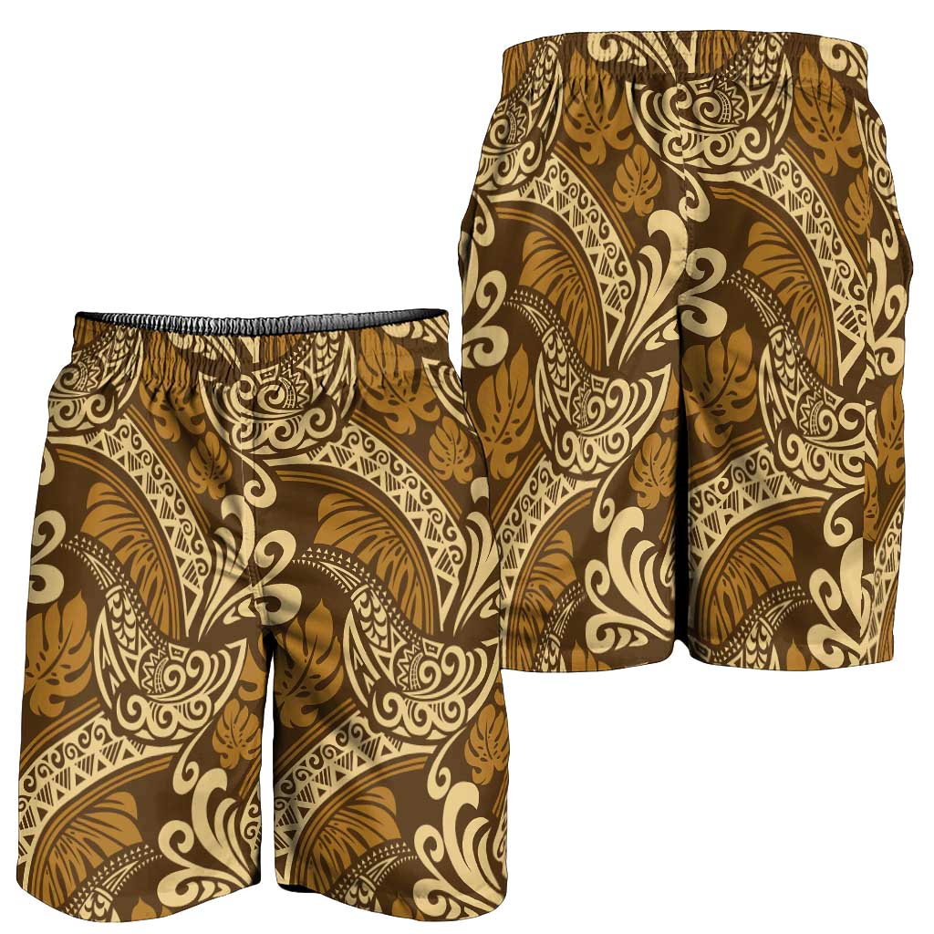 Brown Gold Monstera Shorts for Men Polynesian Tribal Pattern - Polynesian Pride