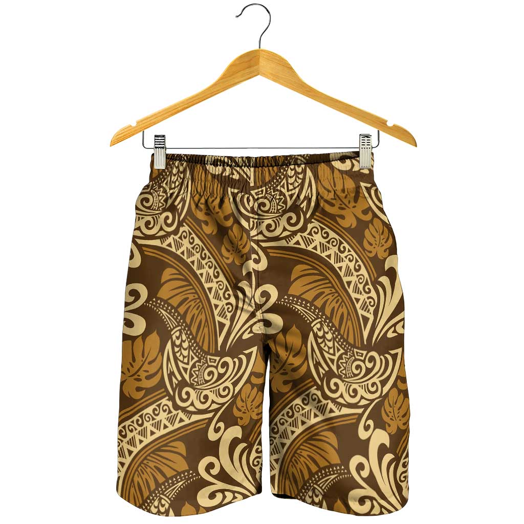 Brown Gold Monstera Shorts for Men Polynesian Tribal Pattern - Polynesian Pride