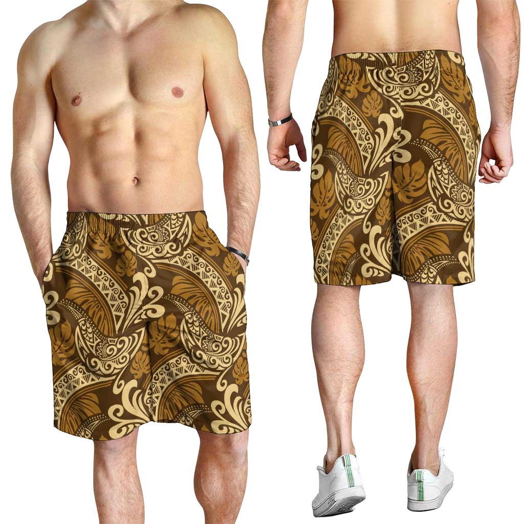 Brown Gold Monstera Shorts for Men Polynesian Tribal Pattern - Polynesian Pride