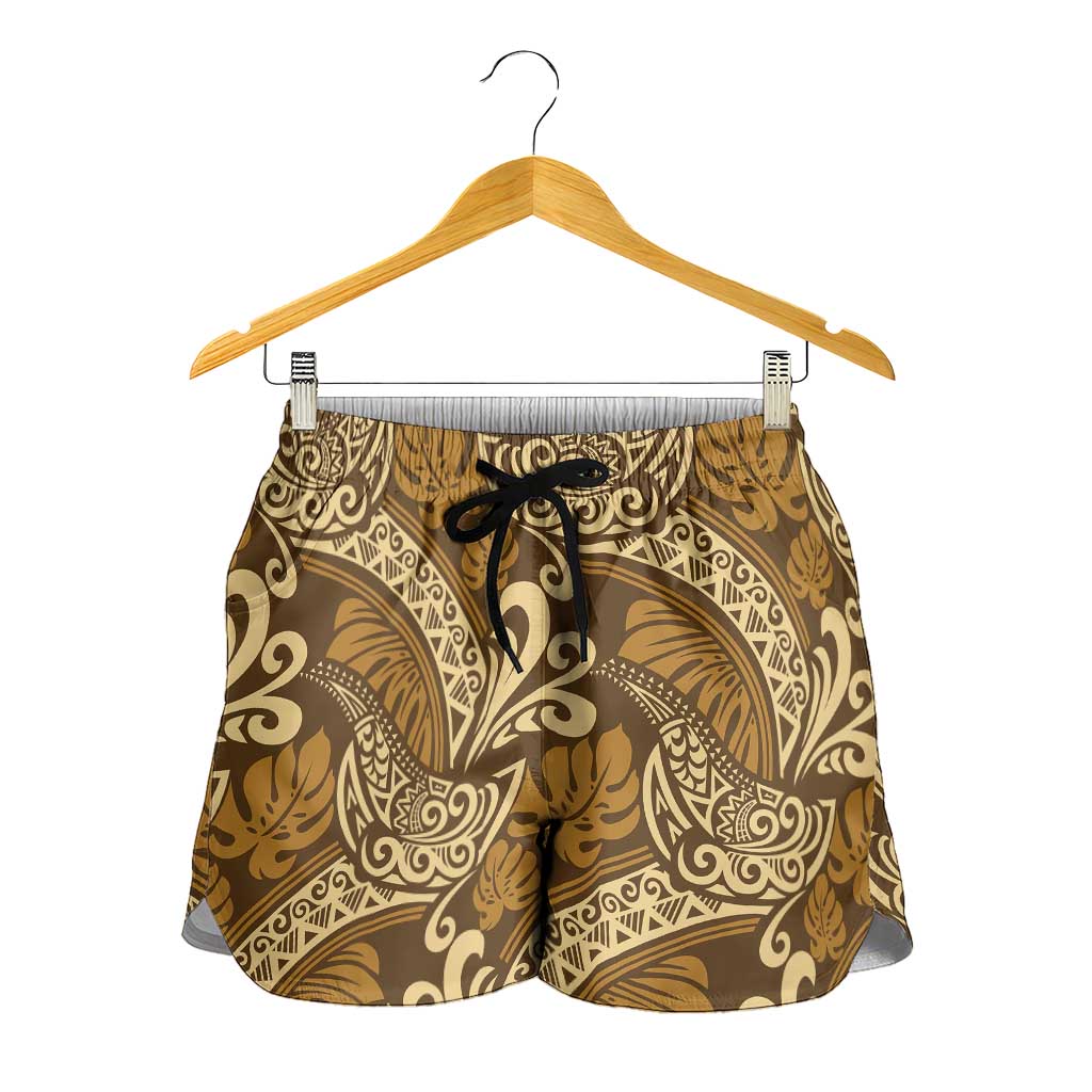 Brown Gold Monstera Shorts for Women Polynesian Tribal Pattern - Polynesian Pride