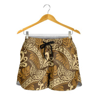 Brown Gold Monstera Shorts for Women Polynesian Tribal Pattern - Polynesian Pride