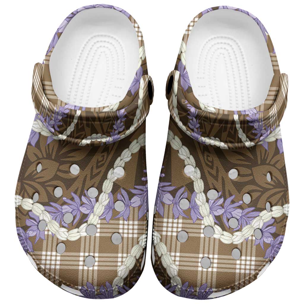 Brown Hawaii Palaka Honohono Pikake Clogs Shoes Hawaiian Orchid Lei Polynesian Pattern - Polynesian Pride