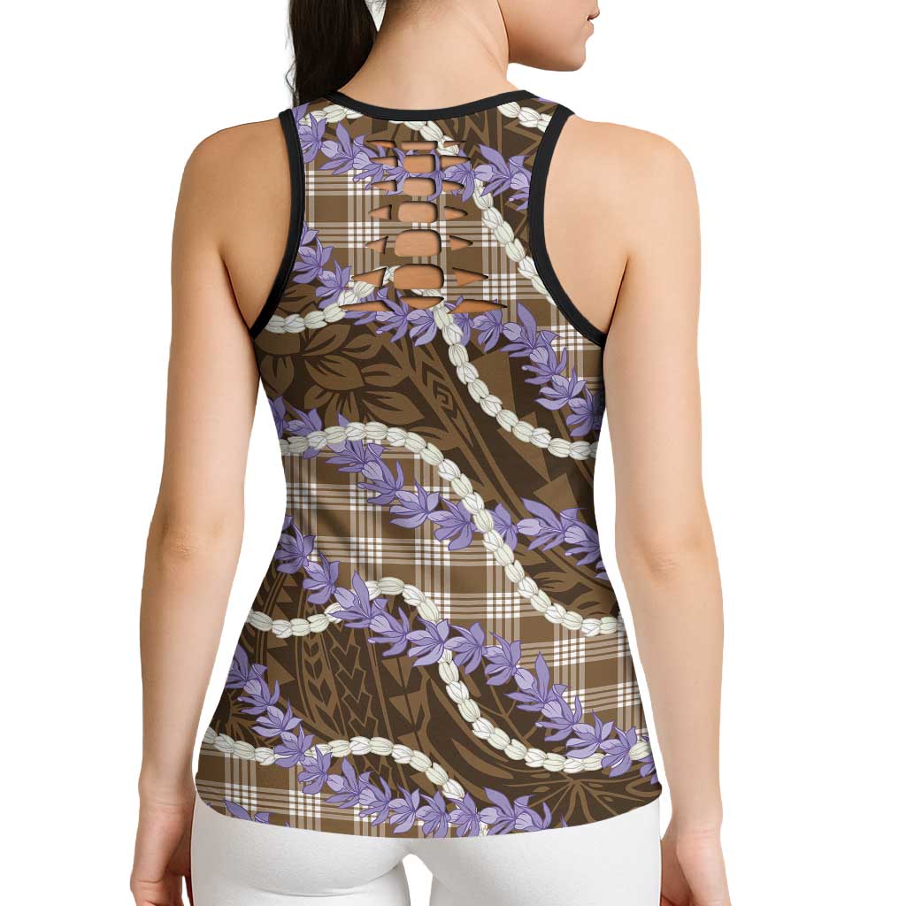 Brown Hawaii Palaka Honohono Pikake Hollow Tank Top Hawaiian Orchid Lei Polynesian Pattern - Polynesian Pride
