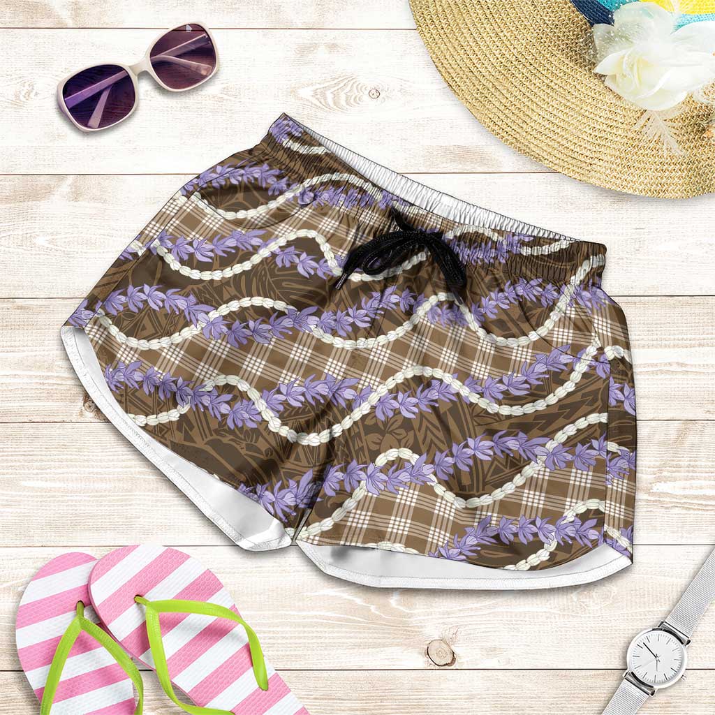 Brown Hawaii Palaka Honohono Pikake Shorts for Women Hawaiian Orchid Lei Polynesian Pattern - Polynesian Pride