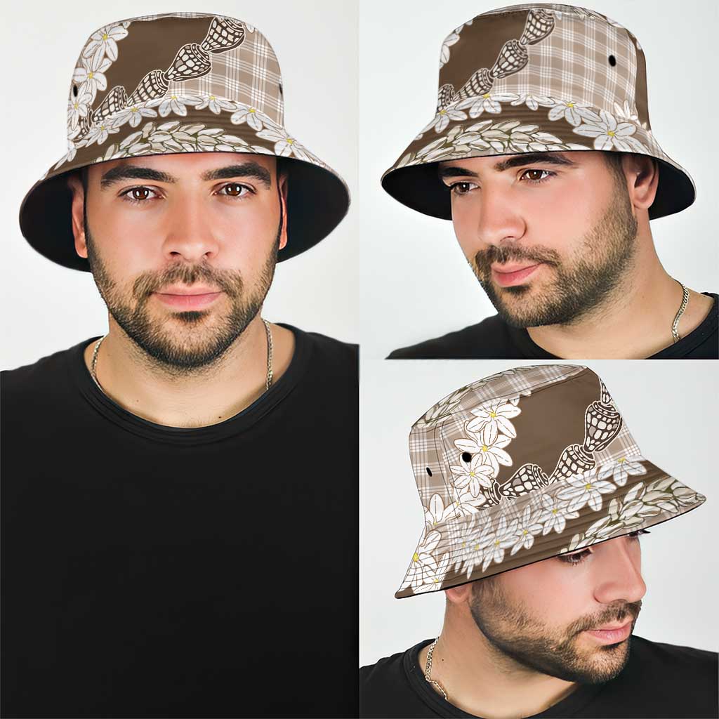 Brown Hawaii Tiare and Shell Lei Bucket Hat Hawaiian Palaka Luxury Vibes - Polynesian Pride