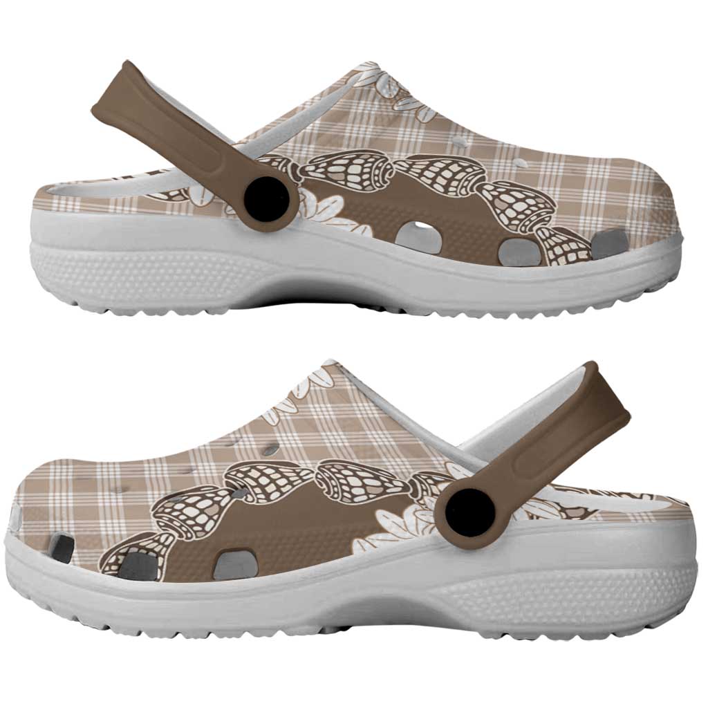Brown Hawaii Tiare and Shell Lei Clogs Shoes Hawaiian Palaka Luxury Vibes - Polynesian Pride