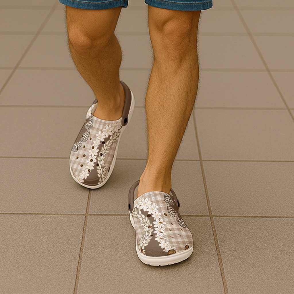 Brown Hawaii Tiare and Shell Lei Clogs Shoes Hawaiian Palaka Luxury Vibes - Polynesian Pride