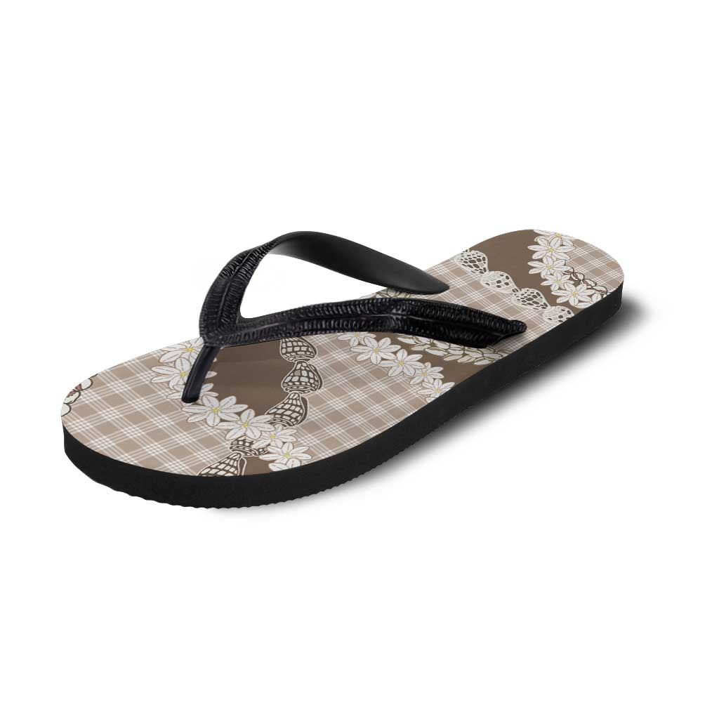 Brown Hawaii Tiare and Shell Lei Flip Flops Hawaiian Palaka Luxury Vibes - Polynesian Pride