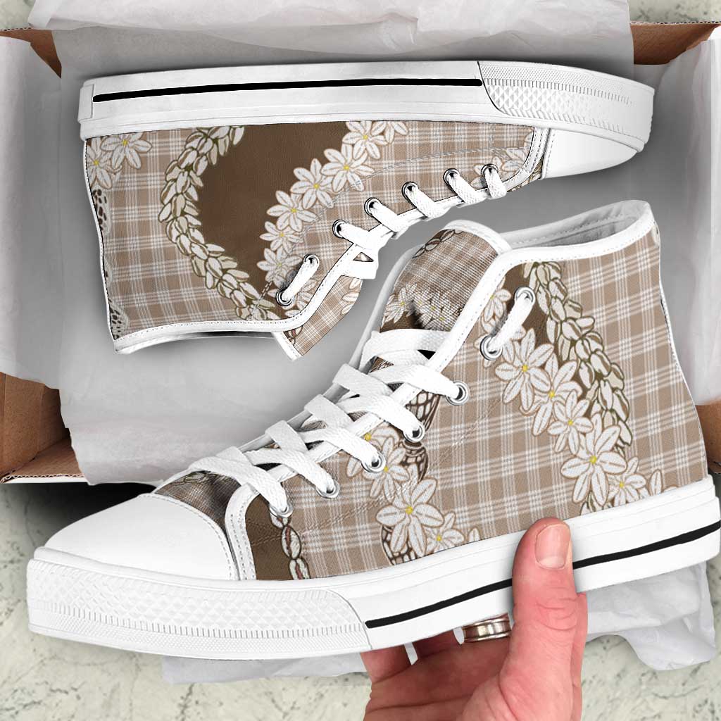 Brown Hawaii Tiare and Shell Lei High Top Shoes Hawaiian Palaka Luxury Vibes - Polynesian Pride
