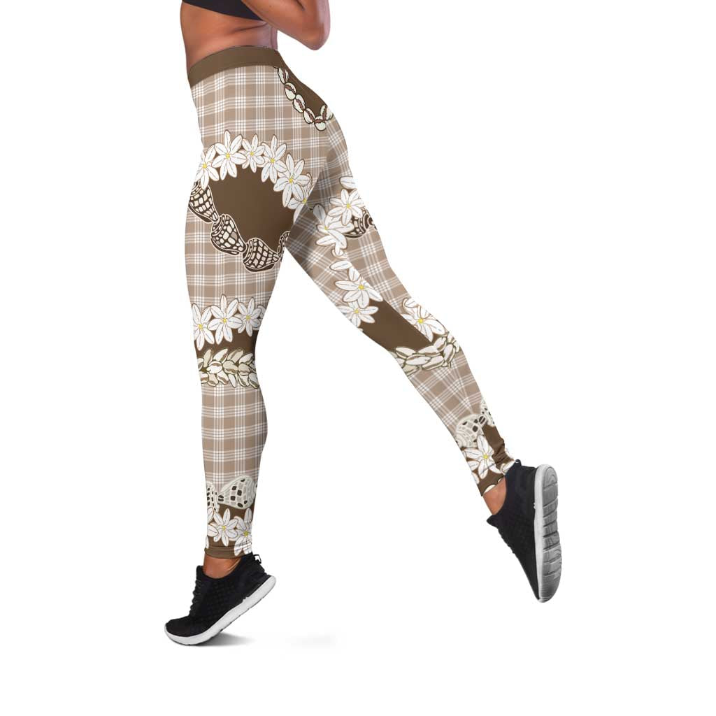 Brown Hawaii Tiare and Shell Lei Leggings Hawaiian Palaka Luxury Vibes - Polynesian Pride