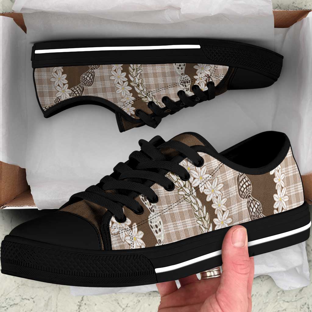 Brown Hawaii Tiare and Shell Lei Low Top Shoes Hawaiian Palaka Luxury Vibes - Polynesian Pride