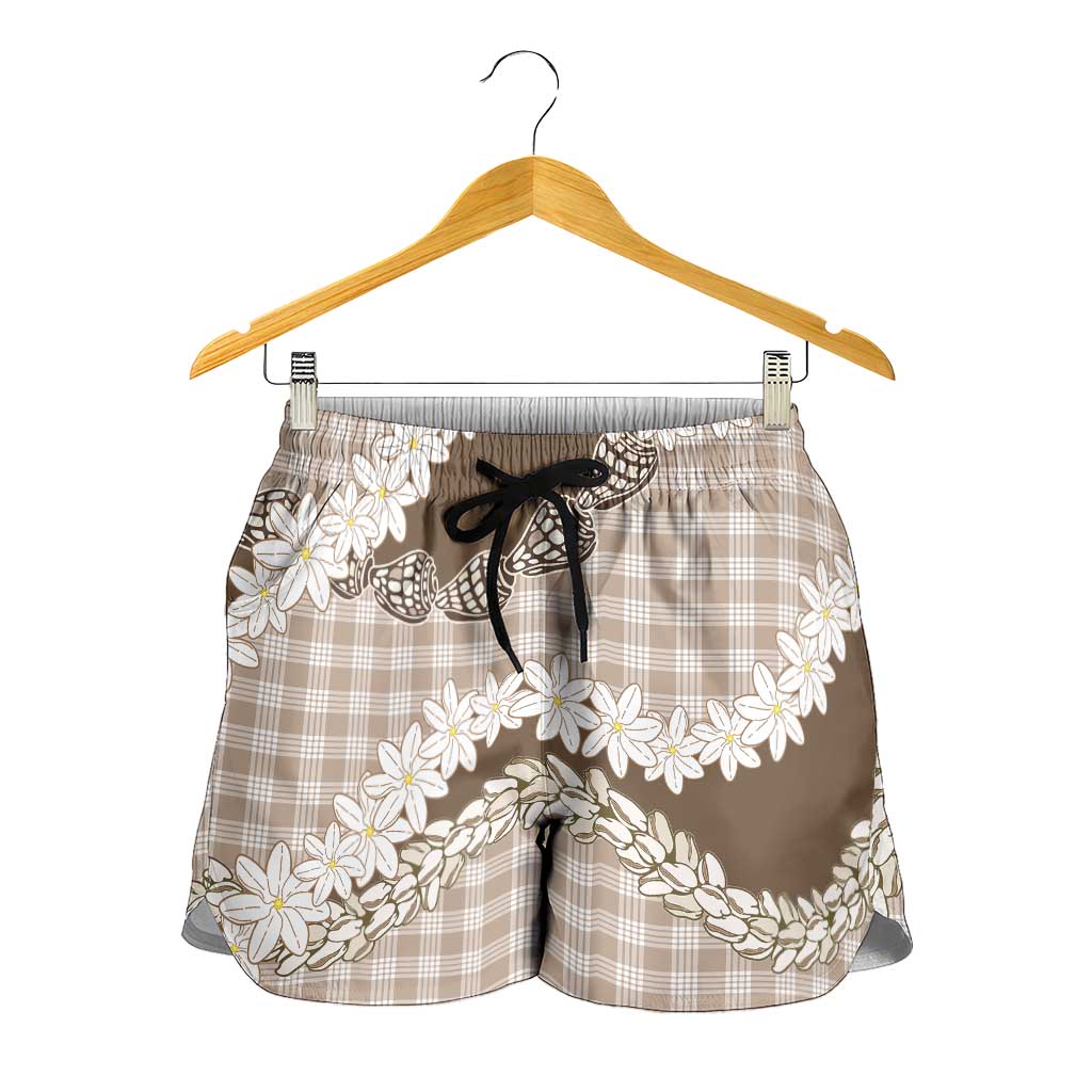 Brown Hawaii Tiare and Shell Lei Shorts for Women Hawaiian Palaka Luxury Vibes - Polynesian Pride