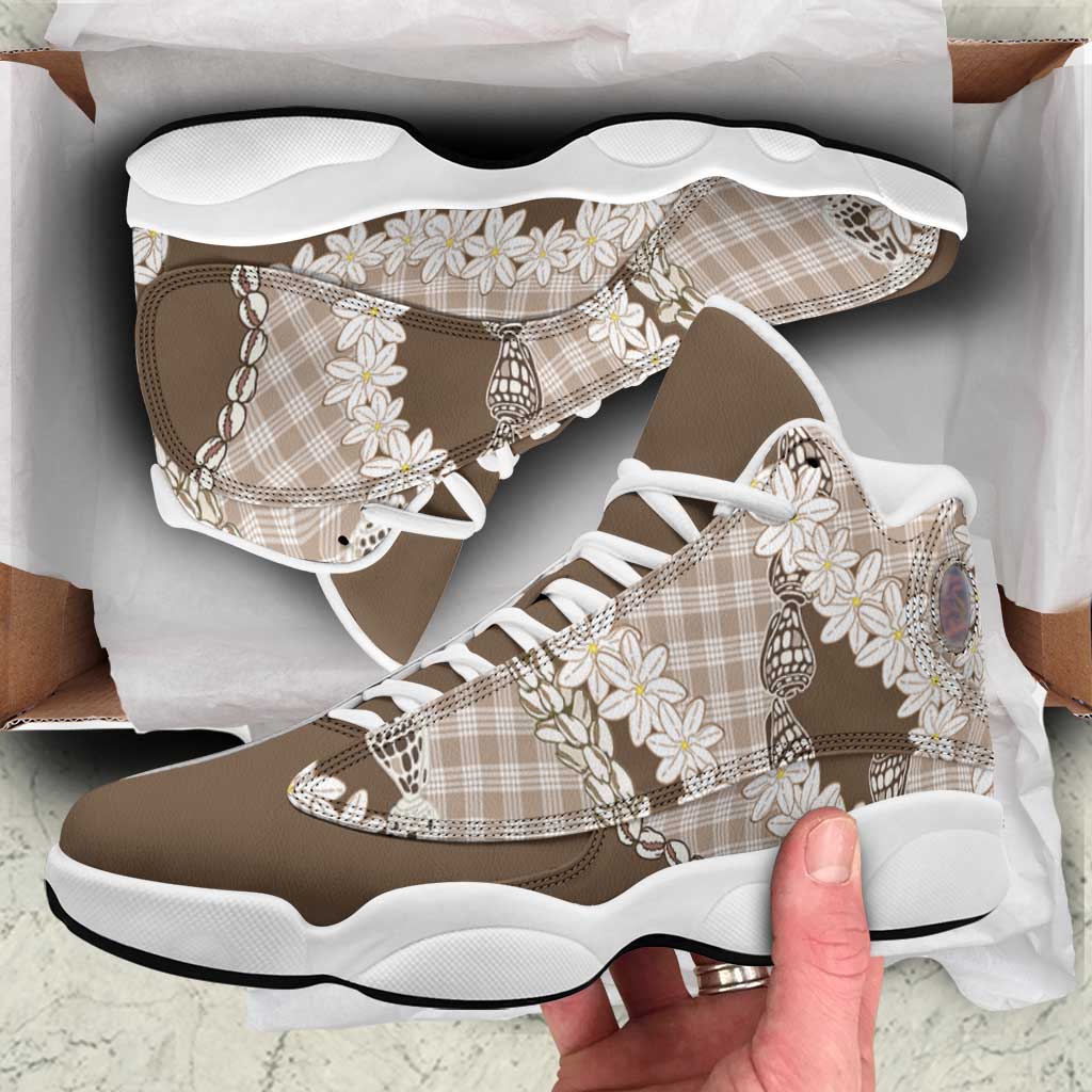 Brown Hawaii Tiare and Shell Lei Sneakers J13 Hawaiian Palaka Luxury Vibes - Polynesian Pride