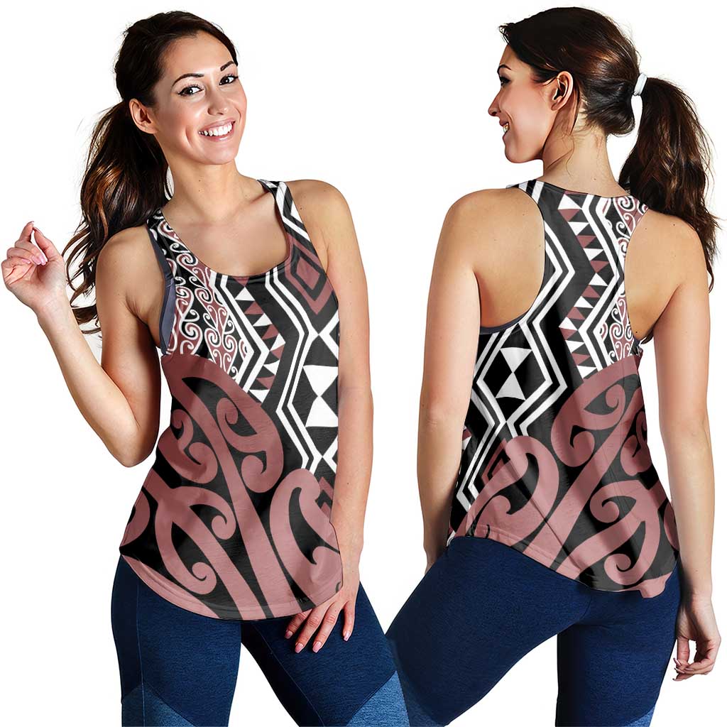 Brown New Zealand Women Racerback Tank Aotearoa Kowhaiwhai Mix Taniko Art LT14